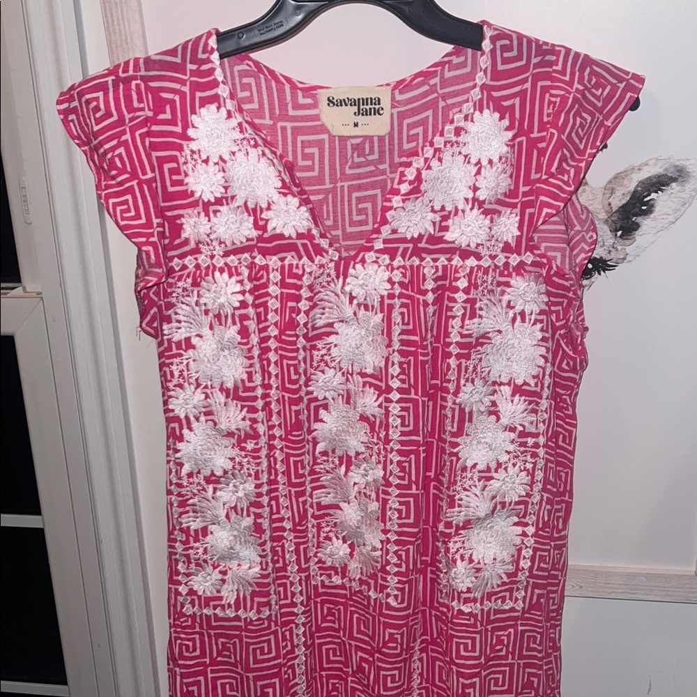 Savanna Jane Hot Pink Dress with White Floral Embroidery NWOT